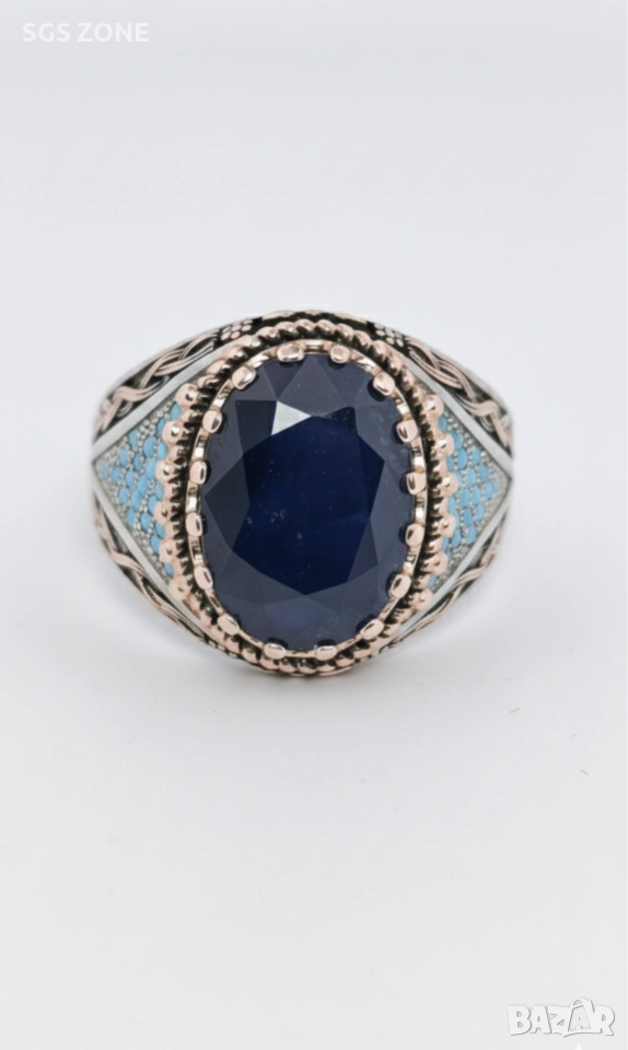 Сребърен мъжки пръстен от Тайланд със сапфири и опали, снимка 1