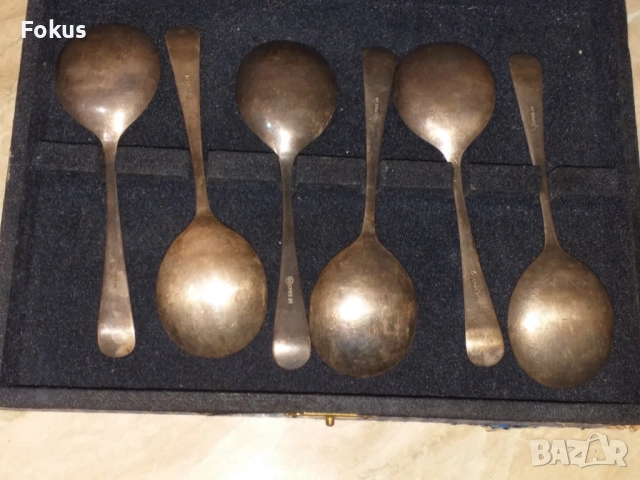 Комплект стари посребрени английски лъжички в кутия, снимка 6 - Антикварни и старинни предмети - 53356068