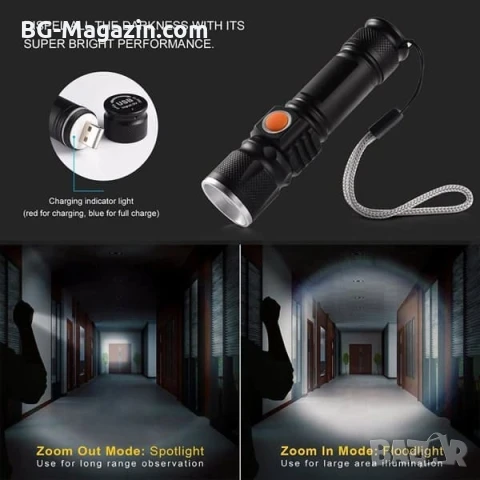 Мощен ръчен акумулаторен лед фенер USB зареждане CREE LED за къмпинг риболов лов туризъм палатка, снимка 8 - Къмпинг осветление - 51027636