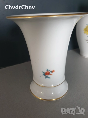 Meissen вази 14-17см/чиния 29см/стара Майсен порцеланова ваза-плато/бяла-цветя-злато, снимка 9 - Вази - 52463835