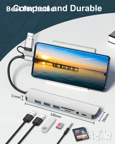 USB 3.0 Адаптер 7-в-1 DEMKICO – С вграден аудио жак и четец за карти, снимка 5 - USB кабели - 53089164