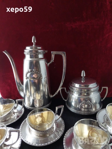 Посребрен комлект за кафе-каничка, захарница, и чашки за кафе/чаша ,сребро, кана/, снимка 4 - Сервизи - 52351137