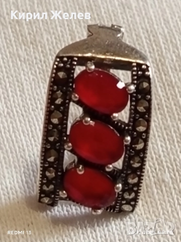 Сребърна обеца с инкрустирани кристали и ювелирно полиран ЧЕРВЕН ГРАНАТ 41831, снимка 8 - Обеци - 52854380