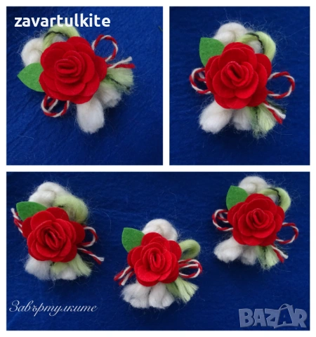 Мартеници брошки за закачане с голяма розичка и вълнени конци