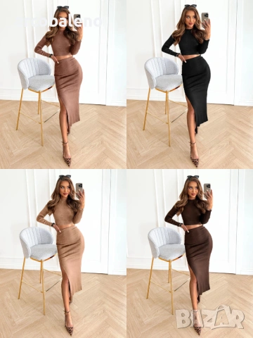 Дамски комплект от оребрен топ + пола с цепка Sumire, 4цвята 