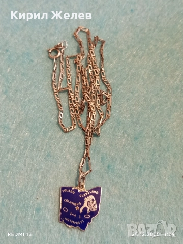 Винтидж сребърен емайлиран талисман на щата Охайо САЩ с сребърен синджир 37543