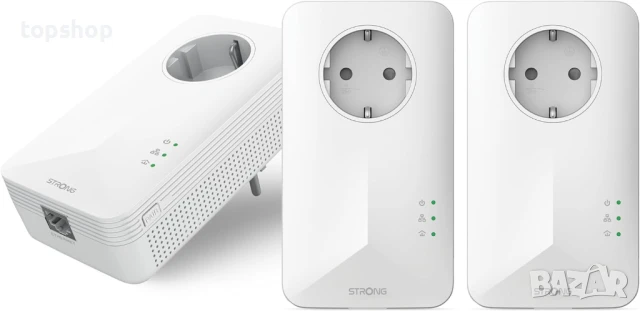 ЧИСТО НОВ STRONG Powerline 1000 Троен пакет, Комплект PowerLINE адаптери, 100 Mbit/s..., снимка 2 - Мрежови адаптери - 48735229