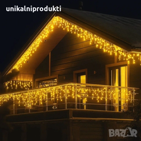25м коледни външни лампички LED завеса топла светлина с ФЛАШ ЕФЕКТ Студено Бял 