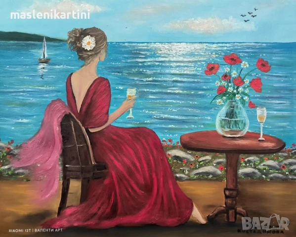 Жена с червена рокля край морето маслена картина 