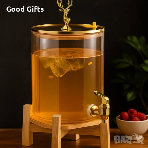 Голям стъклен диспенсър за напитки 8L с дървена стойка и златист кран, снимка 5 - Декорация за дома - 52236052