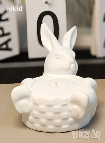 3D Великденски заек поставка за свещ свещник кашпа плетен панер силиконов молд форма смола гипс , снимка 2 - Форми - 53123155