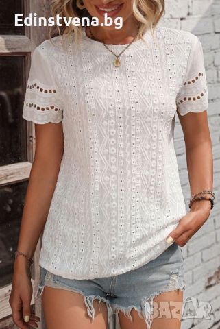 Дамска блуза в бяло с къс ръкав и бродерия, снимка 1 - Други - 46490650