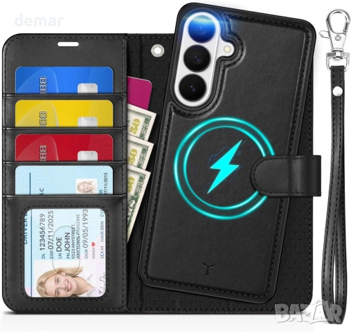 TUCCH калъф за Galaxy S26+ Plus (6.7") 2026, магнитен, подвижен 2 в 1 калъф-портфейл, черен