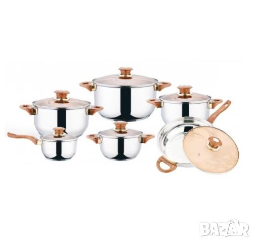 Комплект от 12 части съдове за готвене от неръждаема стомана със стъклени капаци, снимка 4 - Съдове за готвене - 46422675
