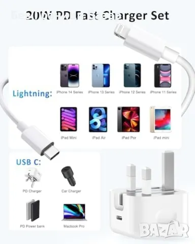 Ново Компактно USB C английско зарядно 20W + кабел за Apple устройства Айфон, снимка 4 - Друга електроника - 48362210