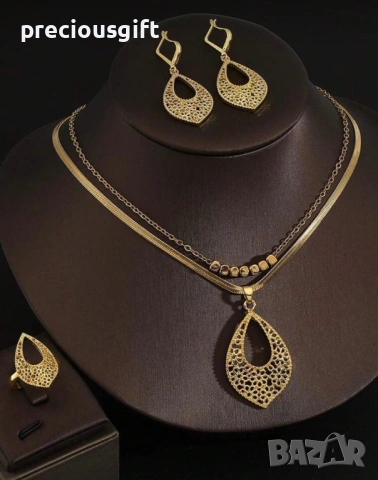 Комплект бижута от неръждаема стомана - гердан, обеци и пръстен, снимка 3 - Бижутерийни комплекти - 53101553