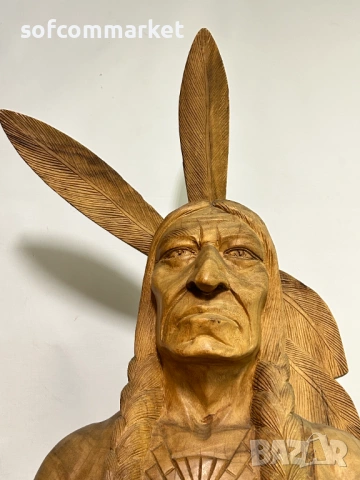 Масивна дърворезба „Индиански вожд“ – 85 см, Ръчна изработка, снимка 5 - Статуетки - 53889540