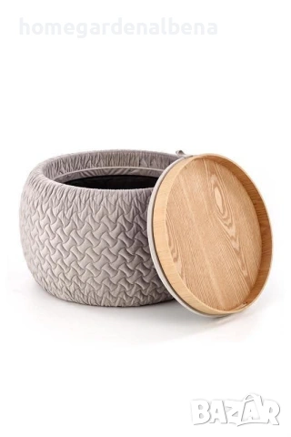 Табуретка с място за съхранение Bono — велур — сива — ø54 см, снимка 5 - Дивани и мека мебел - 54233961