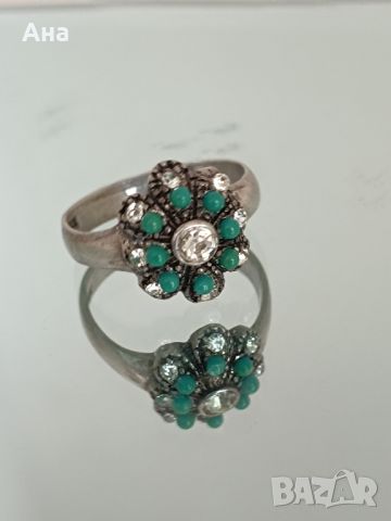 Красив сребърен пръстен с циркони и тюркоаз , снимка 5 - Пръстени - 46246388