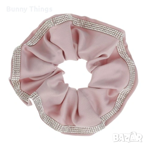 Дамски сатенен ластик за коса, в розов цвят с камъчета