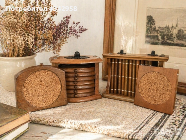 Винтидж дървени подложки за чаши – 2 комплекта.1970-1980г.