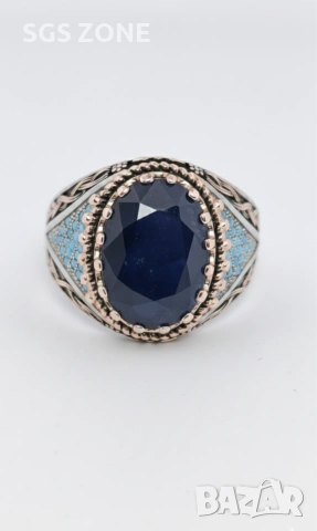Сребърен мъжки пръстен от Тайланд със сапфири и опали