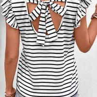 Дамски памучен топ на райе, с къдрички и ефектен гръб, снимка 1 - Тениски - 44989432