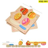 Детски игрален дървен комплект Храна за рязане с нож и дъска - КОД 3581, снимка 3 - Образователни игри - 45318545