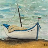 Рибарска българска лодка на морския бряг маслена картина , снимка 1 - Картини - 45539170