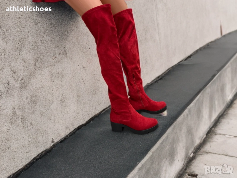 Дамски чизми в червено от еко велур, снимка 1