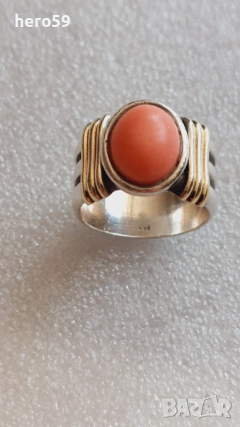 Дамски сребърен пръстен с натурален розов корал злато 14к и сребро 925. , снимка 1