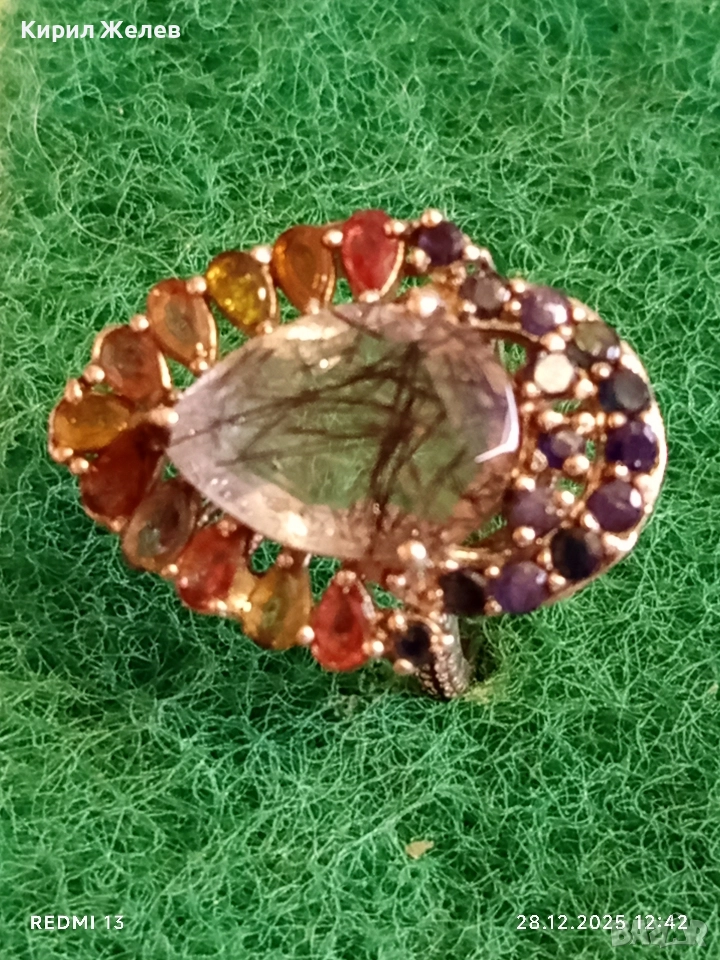 Артистичен сребърен пръстен с ТУРМАЛИНОВ КВАРЦ и многоцветни камъни 51822, снимка 1