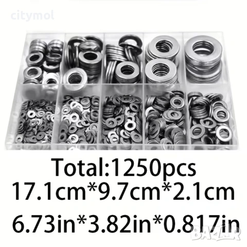 Комплект от 1250 броя неръждаеми шайби - M2, M2.5, M3, M4, M5, M6, M8, M10 и M12