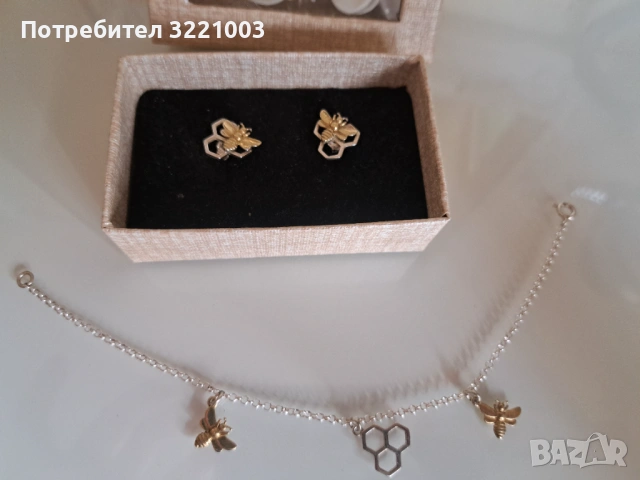 Комплект сребърна гривна и обеци пчели, снимка 2 - Гривни - 54219036