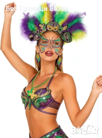 Нов женски Карнавален комплект аксесоари с пера, гердани и стикери за лице, снимка 5 - Други - 53817393