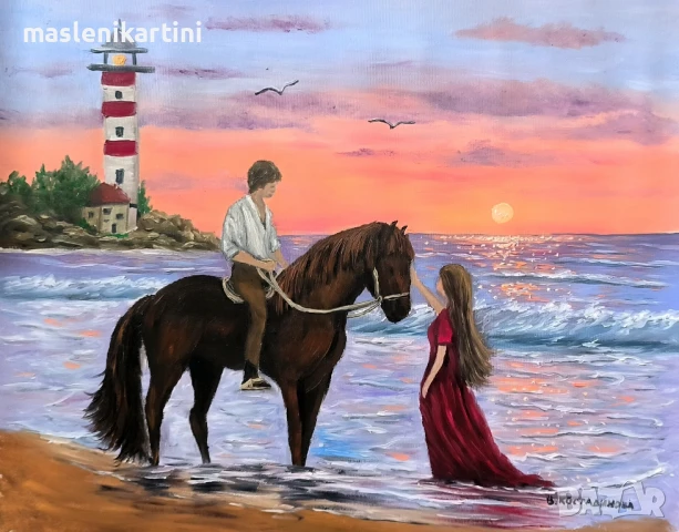 Влюбени на морския бряг маслена картина , снимка 2 - Картини - 50750120