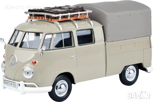 Метална количка кола Volkswagen 1:24 VW T1 Ван с покрито ремарке Motormax, снимка 7 - Коли, камиони, мотори, писти - 49553679