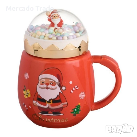 Коледна чаша с капак, Топчета и Дядо Коледа, Керамика, 450мл, снимка 4 - Чаши - 52325321