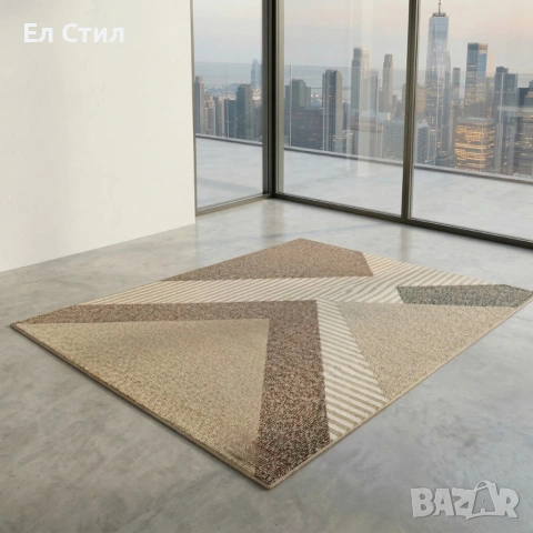 Модерен килим за хол 120х160см - Златисти триъгълници и райета и 3D ефект, Противоплъзгащ