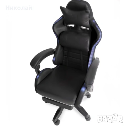 Черен геймърски стол с масаж, LED осветление и поставка за крака, снимка 3 - Геймърски - 53307996