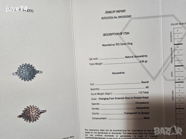 СРЕБЪРЕН ПРЪСТЕН С ЕСТЕСТВЕНИ АЛЕКСАНДРИТИ (НАРСИПАТНАМ,ИНДИЯ) СЕРТИФИКАТ, снимка 8 - Пръстени - 53737691