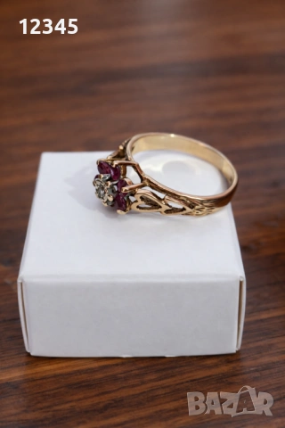 Старинен златен пръстен с диамант и рубини, снимка 4 - Пръстени - 54075674