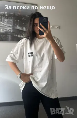 Miu Miu Дамска Тениска С Бродирано Лого И Пришити Камъни👚Дамска Блуза С Къс Ръкав-2 Цвята Код A500, снимка 3 - Тениски - 50104247