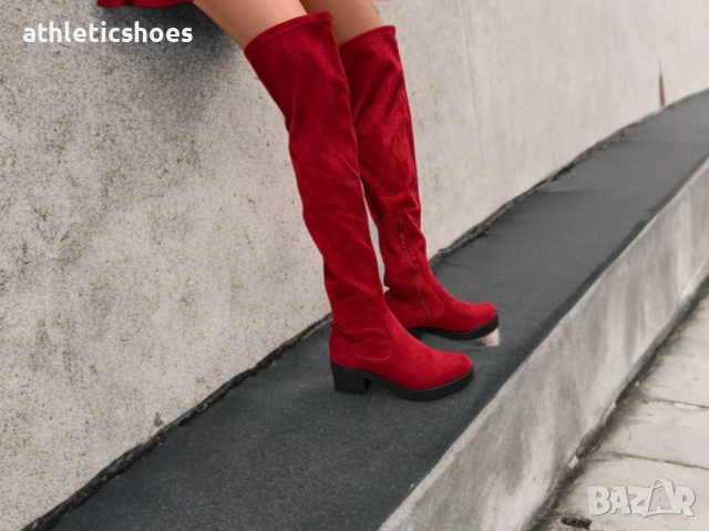 Дамски чизми в червено от еко велур