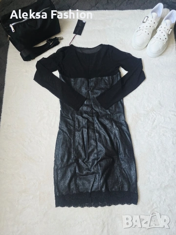 Дамска кожена рокля с ръкави от тюл, снимка 10 - Рокли - 47560475