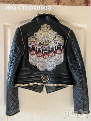 Луксозно ново  кожено оригинално черно яке Philipp Plein  бродерия череп с камъни обточено синджири, снимка 12 - Якета - 46744559