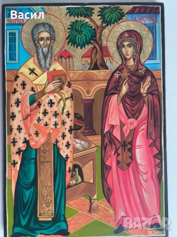 Икона Свети свещеномъченик Киприан и света мъченица Юстина, снимка 2 - Икони - 51843227