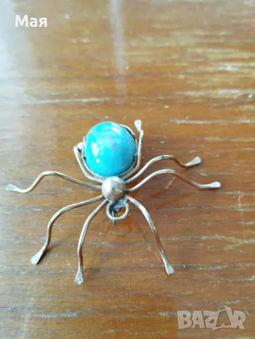 Винтидж брошка с насекомо паяк с игла от стерлингово сребро и тюркоаз от Navajo , снимка 5 - Други - 50304266