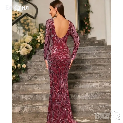 💕Дълга рокля с паети русалка и гол гръб цвят бордо, снимка 6 - Рокли - 53945153