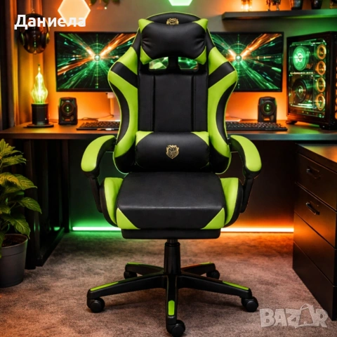 Ергономичен геймърски стол с масажна функция и поставка за крака, PU екокожа,щ, снимка 2 - Столове - 53857198